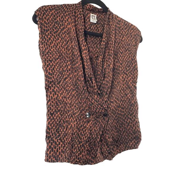 Vintage 100% Silk Leopard Print Top Brown Black Petite Small Anne Klein - Picture 8 of 8